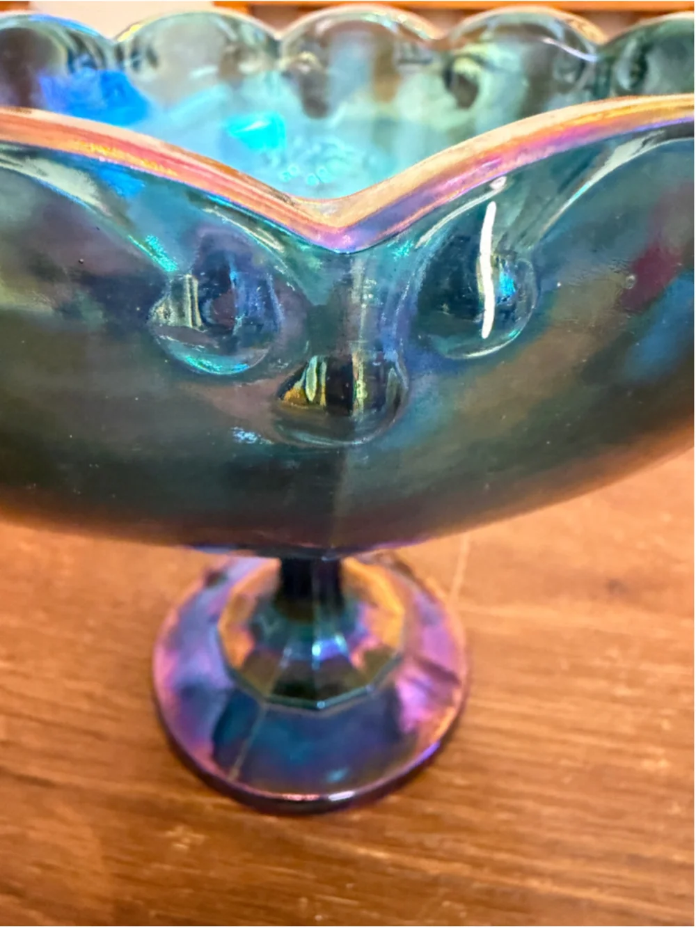 Vintage Blue Carnival Glass Pedestal Compote Bowl Iridescent Scalloped -CH